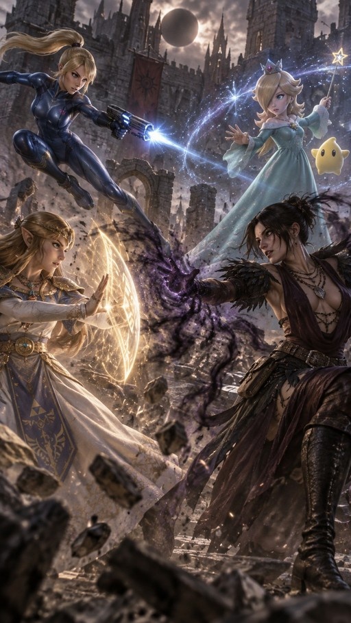 Princess Zelda, Zero Suit Samus, Rosalina with Luma, and Morrigan from Dragon Age engage in a dynamic battle amidst crumbling castle ruins.