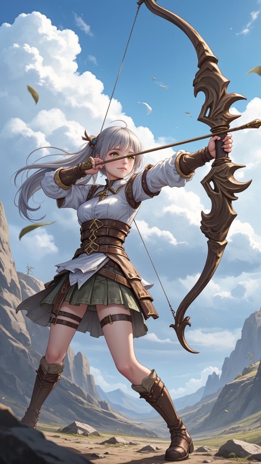 A full-body illustration of a silver-haired anime girl with twin tails aiming a large ornate bow in a rocky mountain landscape under a blue sky.