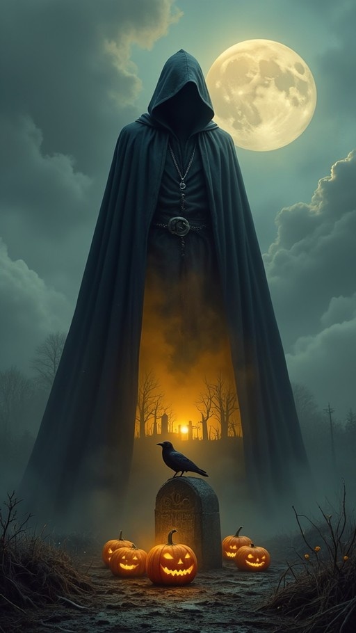 A tall hooded figure stands under a full moon with a haunted graveyard visible inside the cloak, while a crow sits on a nearby tombstone surrounded by glowing pumpkins.