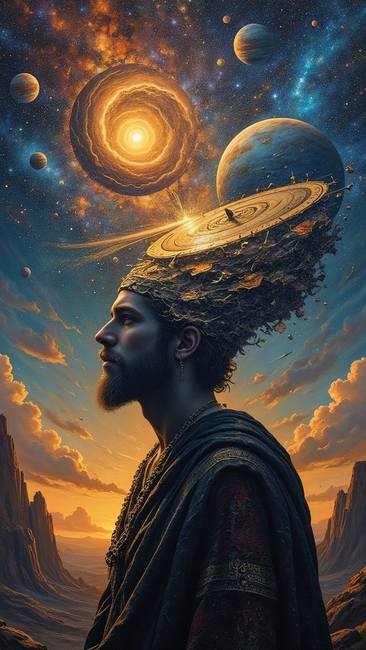 A profile view of a bearded man in ancient robes with a cosmic nebula and planets visible inside his head.