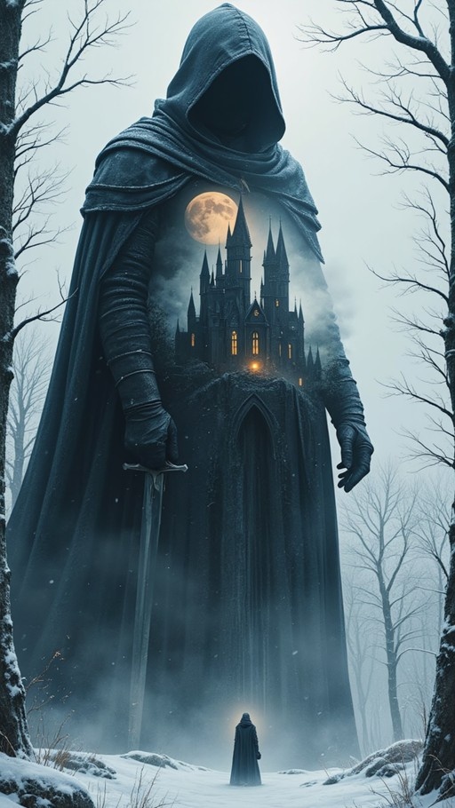 A giant hooded knight made of trees stands in a snowy forest with a gothic castle visible inside its chest silhouette.