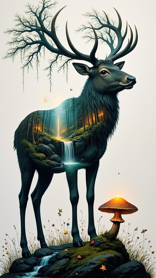 A majestic stag with large antlers stands on mossy rocks, its body filled with a surreal double exposure of an enchanted forest featuring a glowing waterfall and fairy lights, while a glowing mushroom sits in the foreground.