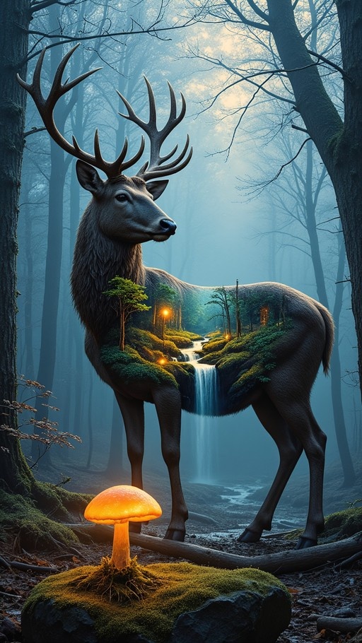 A majestic stag stands in a misty forest with an enchanted landscape visible inside its body, featuring a waterfall and lights, while a glowing orange mushroom sits on a mossy rock in the foreground.