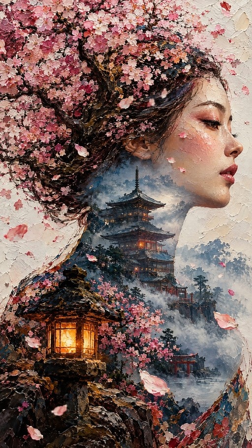 A surreal digital painting of a woman in profile with her hair transforming into a blooming cherry blossom tree, revealing a misty Japanese temple inside her silhouette and a glowing lantern nearby.