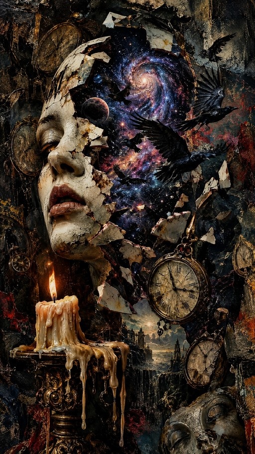 A surrealist collage of a shattered porcelain face revealing a galaxy and ravens inside, surrounded by floating clocks and a melting candle.