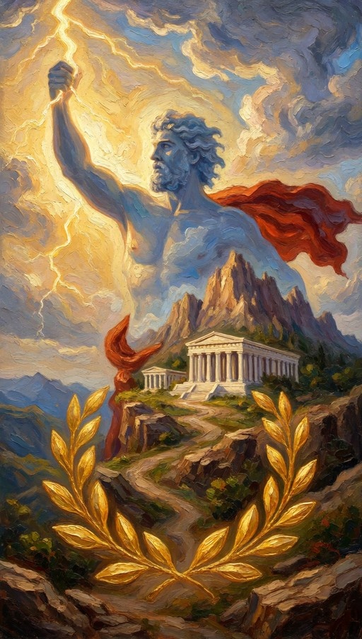 A blue-skinned male figure holding a lightning bolt stands over Mount Olympus with temples, framed by a golden laurel wreath in an impasto oil painting style.