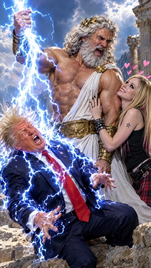 A muscular Zeus in a white toga strikes Donald Trump with blue lightning while Avril Lavigne smiles and touches his arm amidst floating pink hearts.