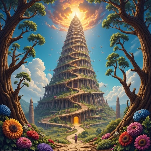 A towering spiral structure rises into a bright sky, framed by gnarled trees and vibrant flowers like sunflowers and hydrangeas, with a winding path leading toward its base.