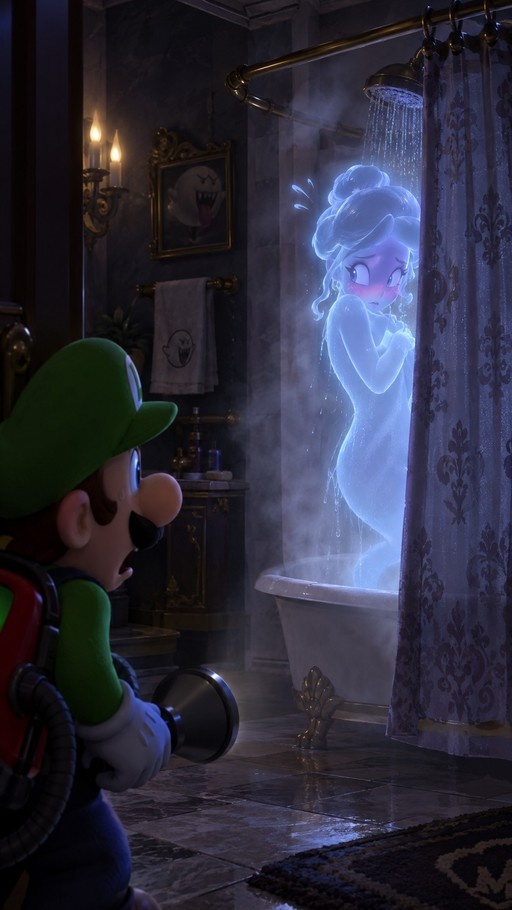Luigi looks surprised while watching an embarrassed, translucent female ghost cover herself in a steamy clawfoot bathtub inside a dark manor bathroom.