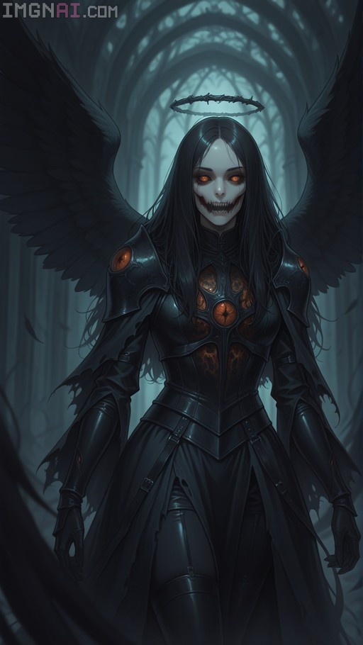 A fallen angel with long black hair, glowing orange eyes, and a skeletal grin stands in dark armor with large black wings and a thorny halo inside a gothic cathedral.