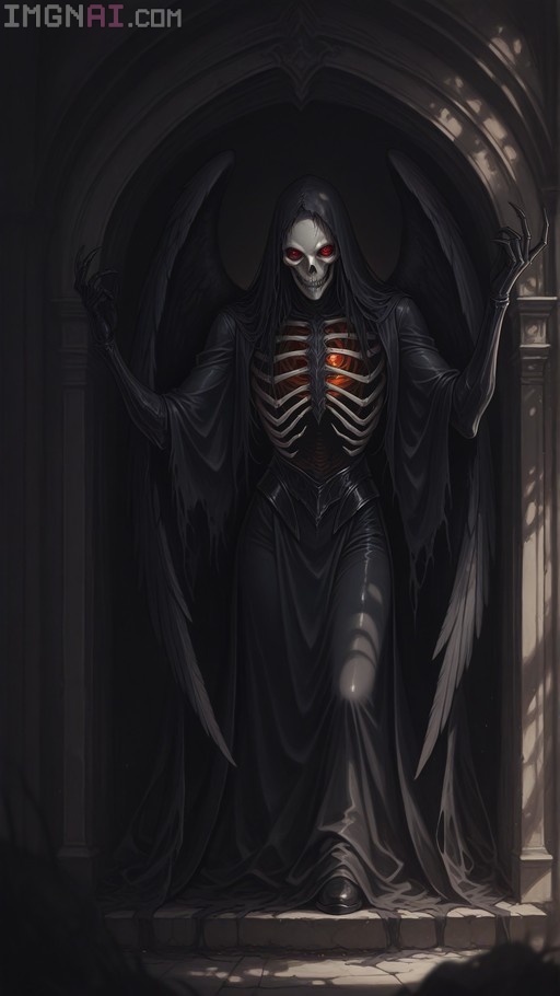 A skeletal fallen angel with glowing red eyes and a visible glowing heart inside its ribcage stands in a dark stone archway wearing a black hooded robe and large black wings.
