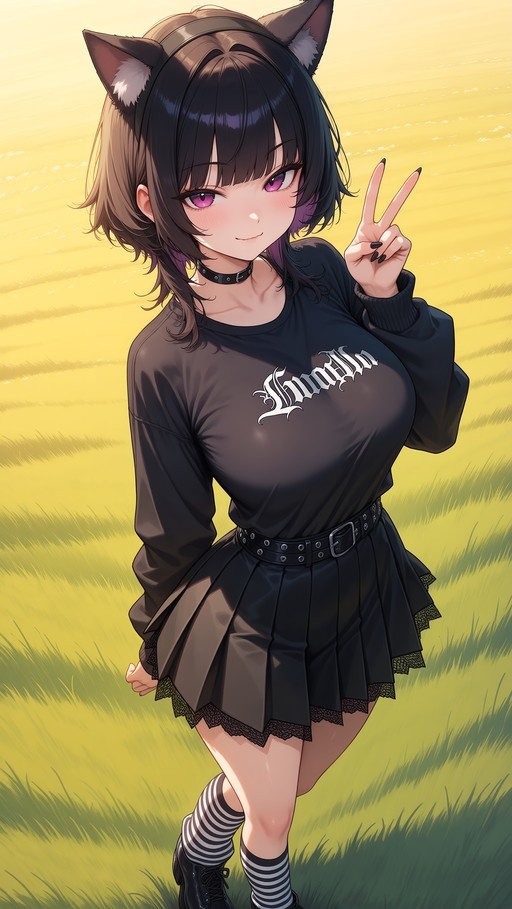 An anime girl with cat ears wearing a black goth outfit and striped socks stands in a grassy field, flashing a peace sign.