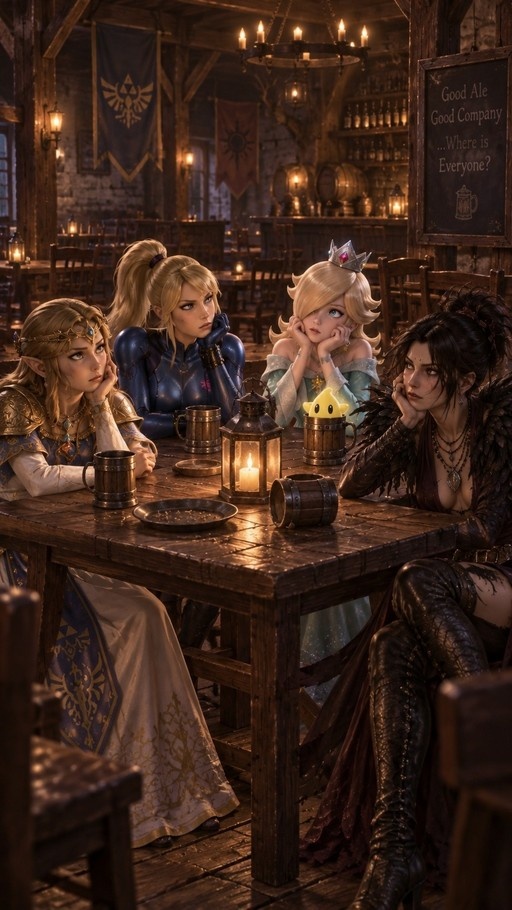 Princess Zelda, Samus Aran, Rosalina, and Bayonetta sitting at a wooden table in a dimly lit tavern looking bored.