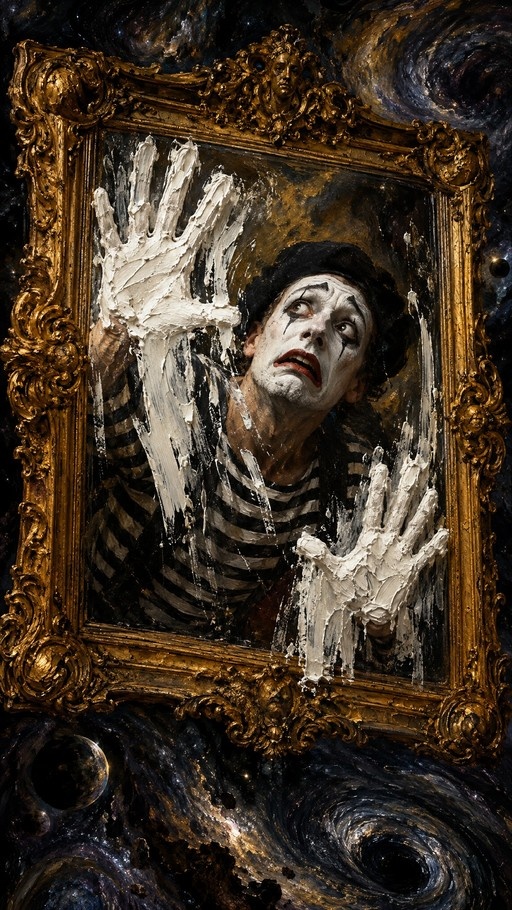 A mime in a striped shirt and black hat presses his hands against the inside of an ornate golden picture frame, leaving white paint smears, set against a dark swirling space background.