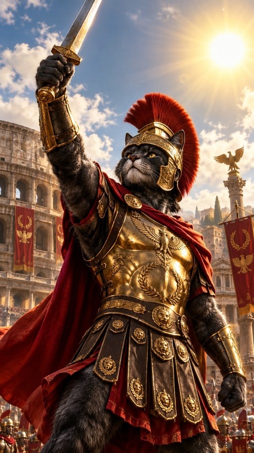 An anthropomorphic cat warrior in golden Roman armor and a red plumed helmet raises a sword high against the sun with the Colosseum in the background.
