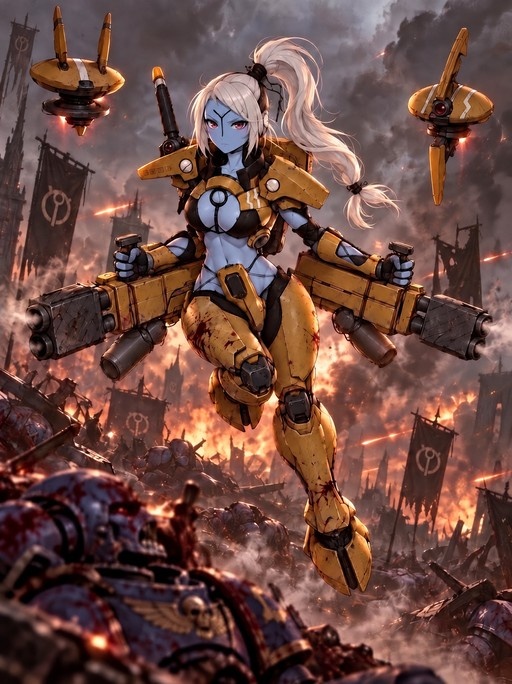 Blue-skinned female commander with white hair in a ponytail wearing yellow armor and holding two large guns while floating above a battlefield.