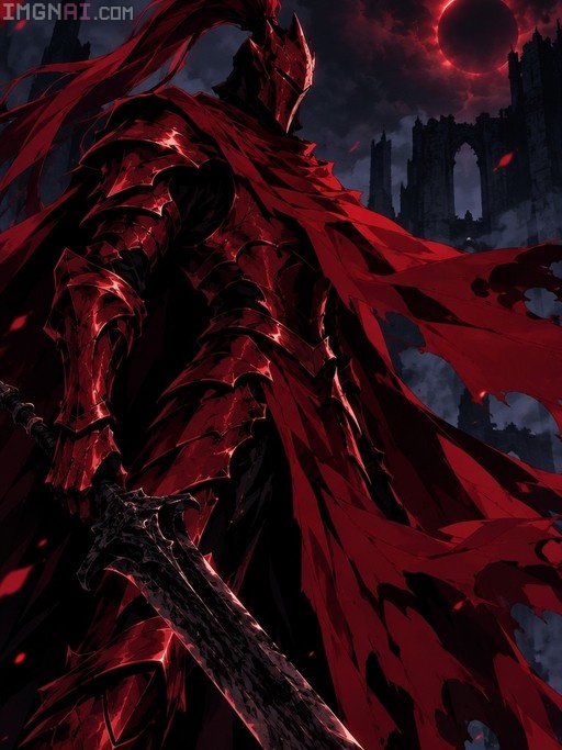 A knight in full crimson armor holding a large sword with a tattered red cape, standing before gothic ruins under a blood-red moon.