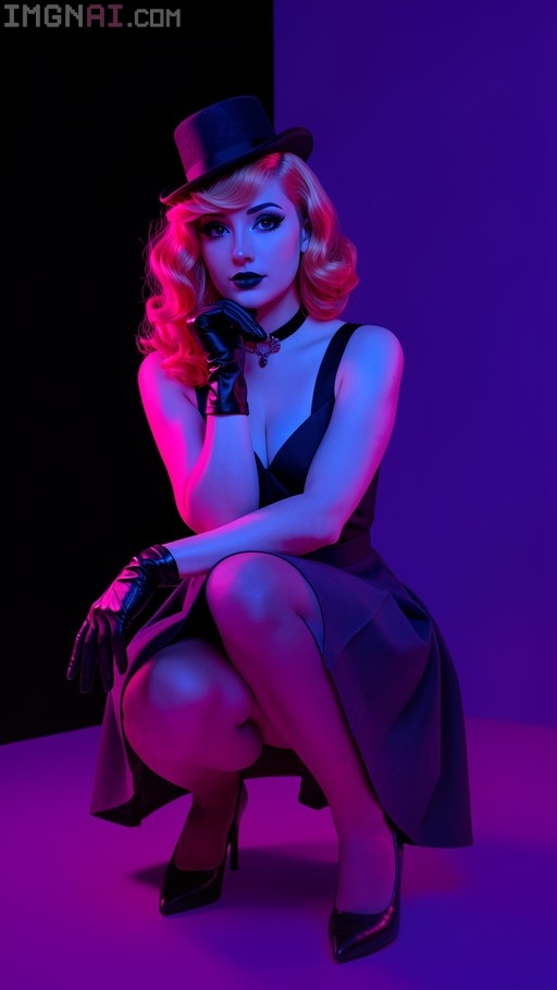 A blonde woman in a black dress and top hat squats under pink and blue neon lights.