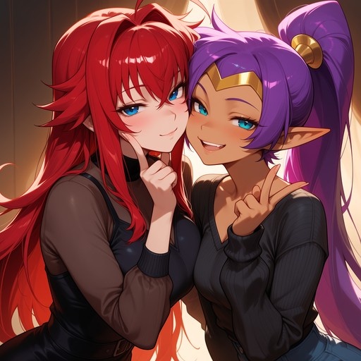 An illustration of Shantae and Rias Gremory posing together, featuring a red-haired character and a purple-haired character with tan skin smiling at the viewer.
