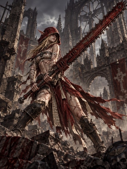 A scarred female elf warrior in a red hood holds a large blood-stained chainsword amidst dark gothic ruins.