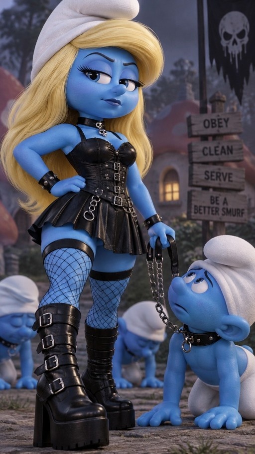 A female Smurf with blue skin and long blonde hair stands in a black leather corset and fishnet stockings while holding a chain leash attached to the neck of a male Smurf kneeling on all fours.