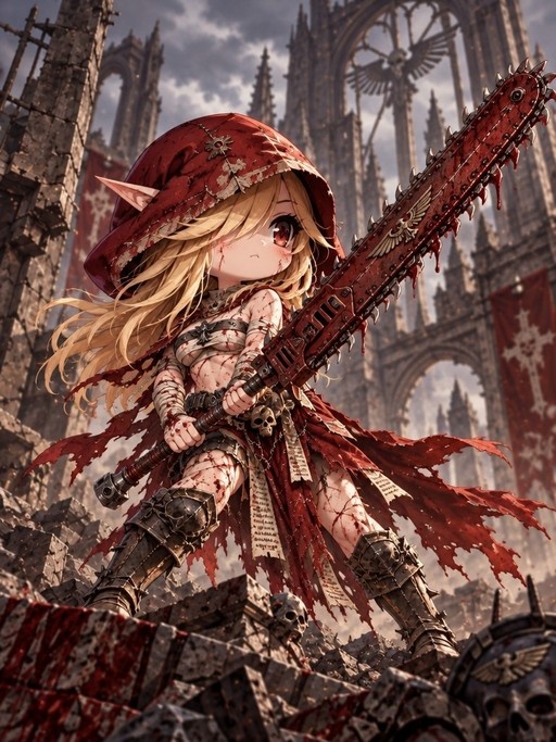 A chibi-style blonde elf girl in a red hood holds a large bloodied chainsaw amidst gothic ruins.