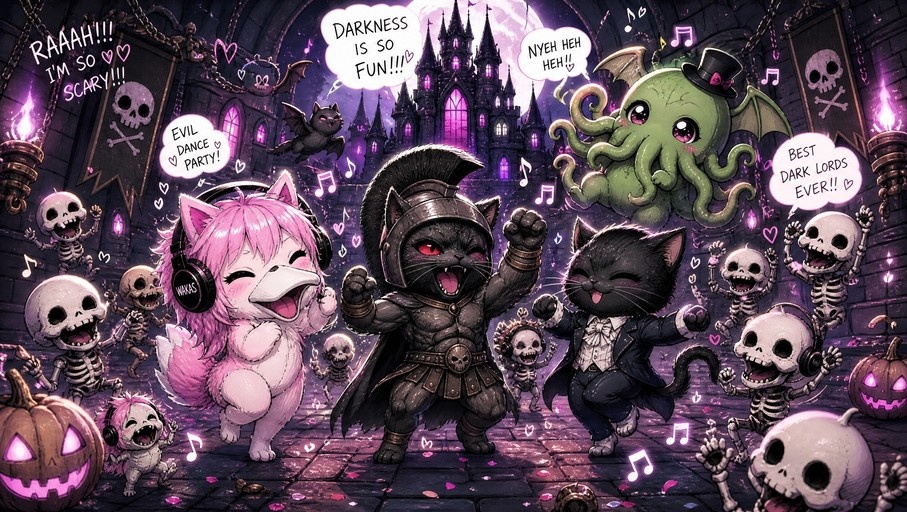 Chibi style illustration of a pink platypus, muscular Roman cat, and mafia cat dancing with skeletons and a green Cthulhu monster at a Halloween party in front of a dark castle.