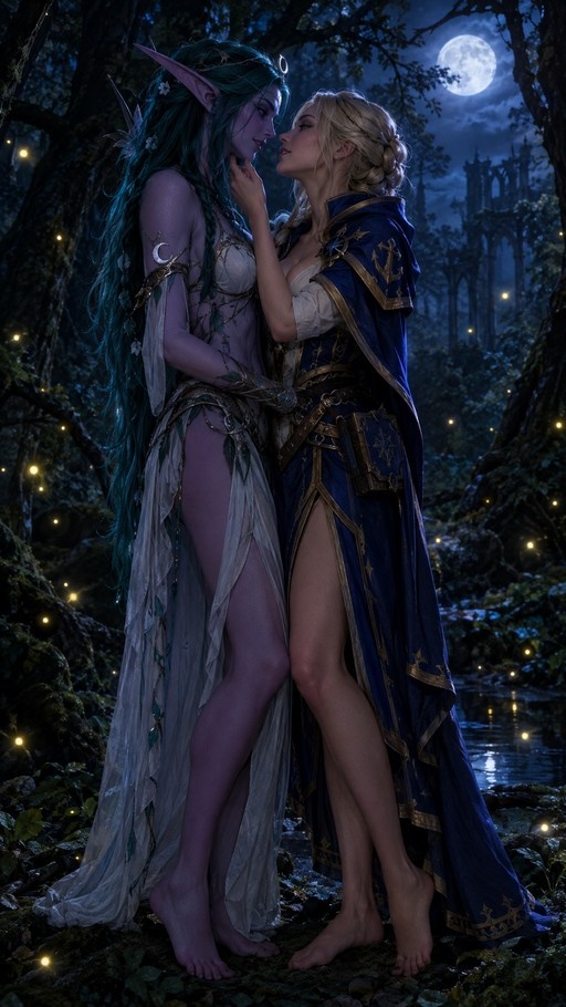 Jaina Proudmoore touching Tyrande Whisperwind's face in a moonlit forest with fireflies