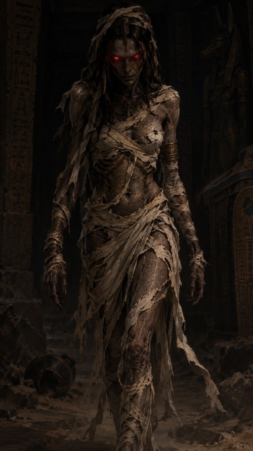 A lean female mummy with glowing red eyes and tattered linen bandages walking forward in a dark ancient Egyptian tomb.