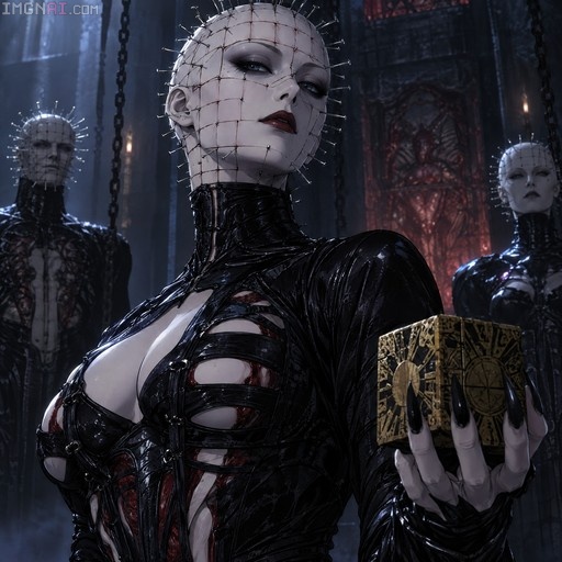 A female Cenobite with pins in her head holding a golden box.