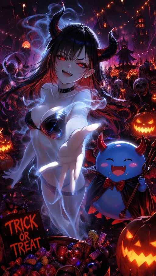 An anime demon girl with black hair and large horns wears a translucent white ghost costume over a metallic bikini while reaching her hand toward the viewer. A cute blue slime creature dressed as a devil stands beside her at a Halloween party filled with pumpkins, skeletons, and candy.