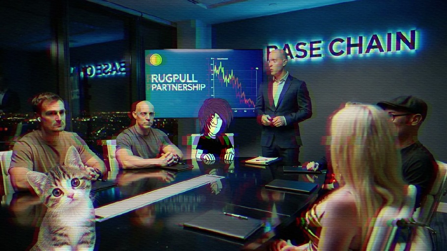 A surreal video showing a business meeting where a bald man presents to an anime character and a kitten, followed by a close-up of rainbow jelly on toast.